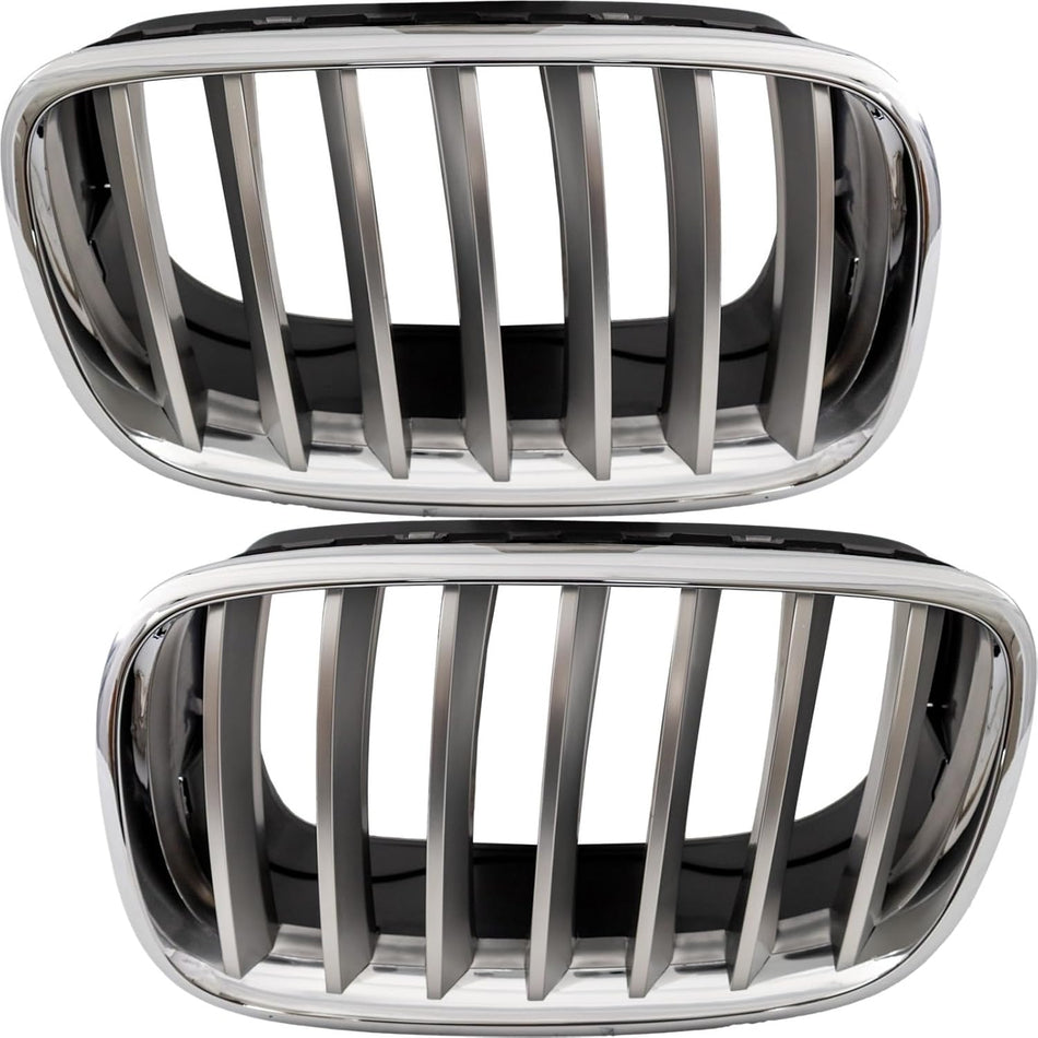 Pair Grille Assembly Fits 2007-2013 BMW X5 2008-2012 X6 Front Driver and Passenger Side Titanium Argent Chrome Frame BM1200182 BM1200183