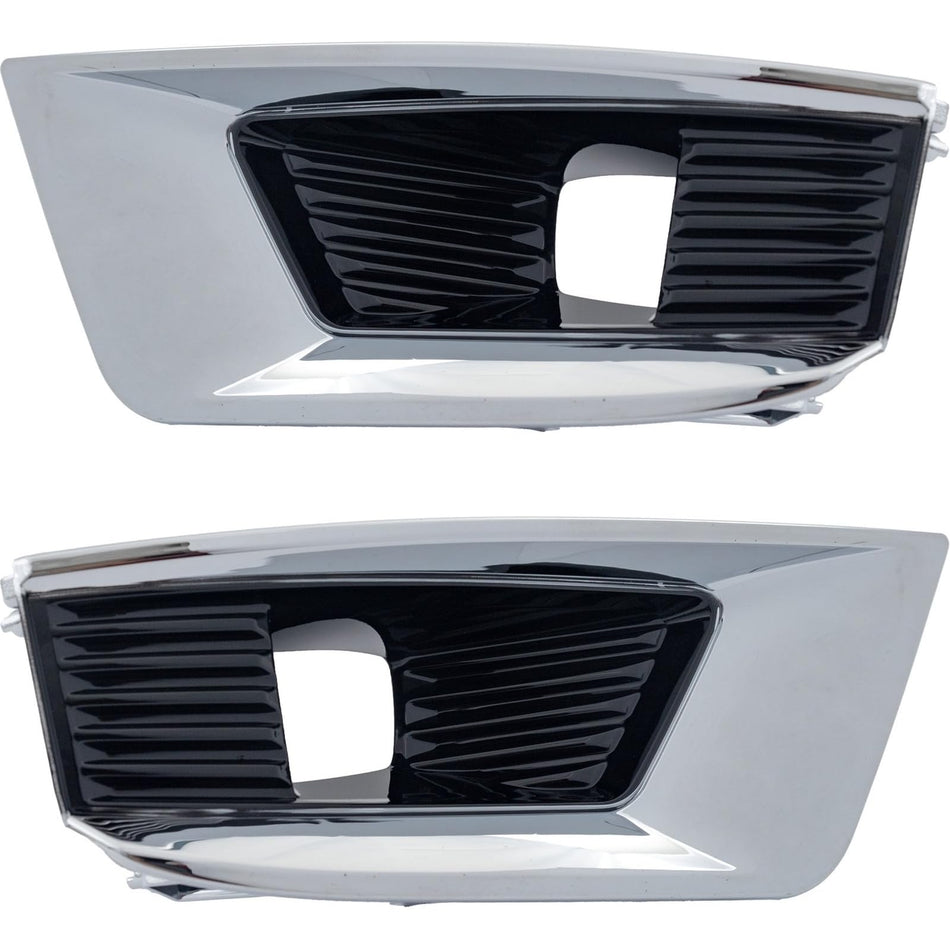 Front Left & Right Side PAIR, Bumper Cover Molding Bezel, Fits 2021-2024 Nissan Armada, Made of Plastic, Gloss Black With Chrome Trim, For Use w/ o...
