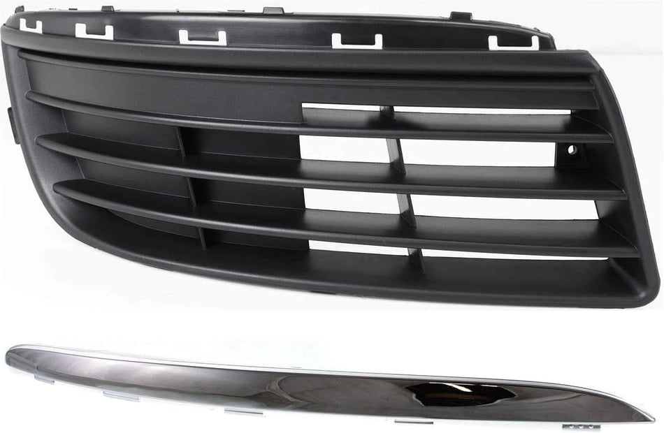 2 Pieces - Front Right Passenger Side Bumper Cover Cover Grille w/ Chrome Trim Replacement for 2005-2010 Volkswagen Jetta Black Molding w/ Chrome I...