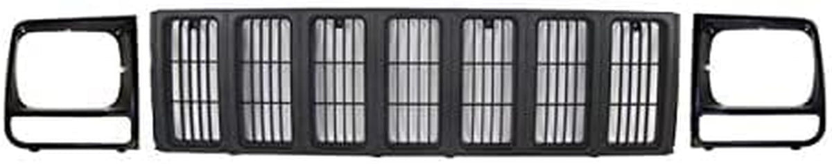 HeadLight Door and Front Grille 3PC SET Bundle Replacement For 1997-2001 Jeep Cherokee SE/SPORT Model Primed Black Textured Plastic 55055137, 55055...