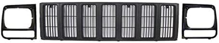 HeadLight Door and Front Grille 3PC SET Bundle Replacement For 1997-2001 Jeep Cherokee SE/SPORT Model Primed Black Textured Plastic 55055137, 55055...