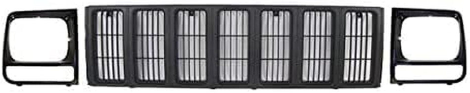 HeadLight Door and Front Grille 3PC SET Bundle Replacement For 1997-2001 Jeep Cherokee SE/SPORT Model Primed Black Textured Plastic 55055137, 55055...