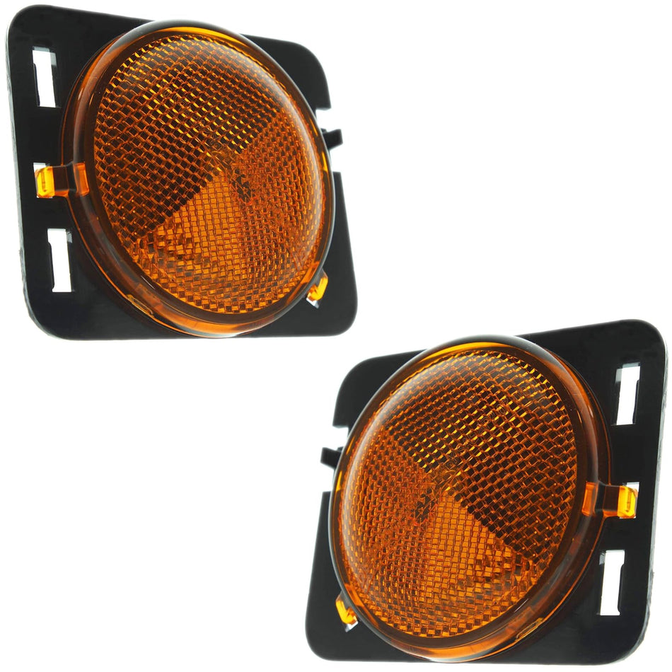 Front Driver & Passenger Side PAIR Side Marker Light Assembly, For 2007-2017 Jeep Wrangler, and 2018 Wrangler JK, In The Bumper, Plastic Orange Amb...
