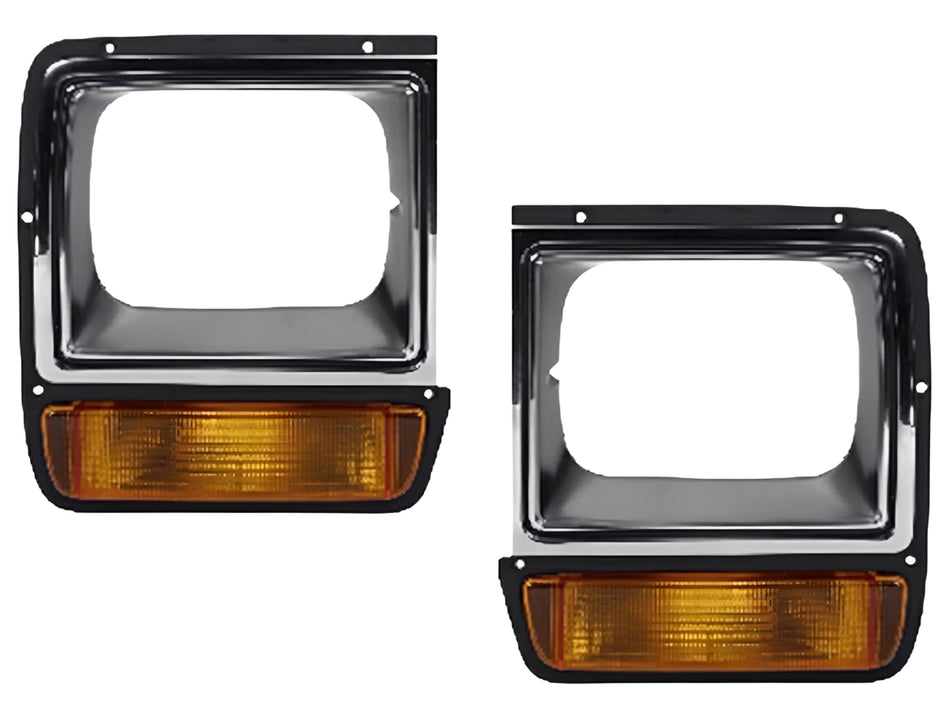 Front Driver & Passenger Side SET OF 2, HeadLight Door Bezel Grille Trim, For 1986-1990 Dodge Ramcharger, Chrome/Black Textured Plastic, Single Rec...