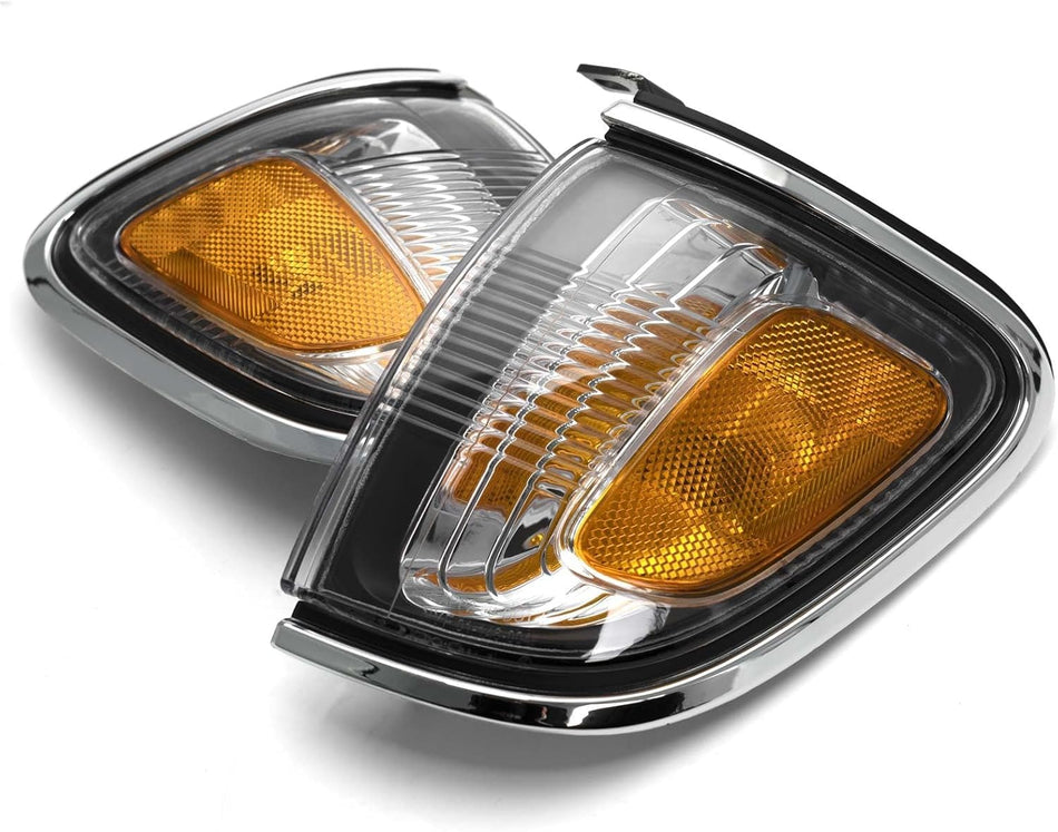 Front Left Driver and Passenger Side Corner Turn Signal Light Fits 2001-2004 Toyota Tacoma Pickup Truck w Chrome Bezel, Clear and Orange L...