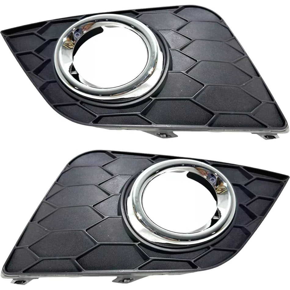 Front Driver & Passenger Side, SET OF 2, Bumper Cover Molding Bezel, Fits 2016-2019 Nissan Sentra, Made of Plastic, Matte Black & Chrome Finish, NI...