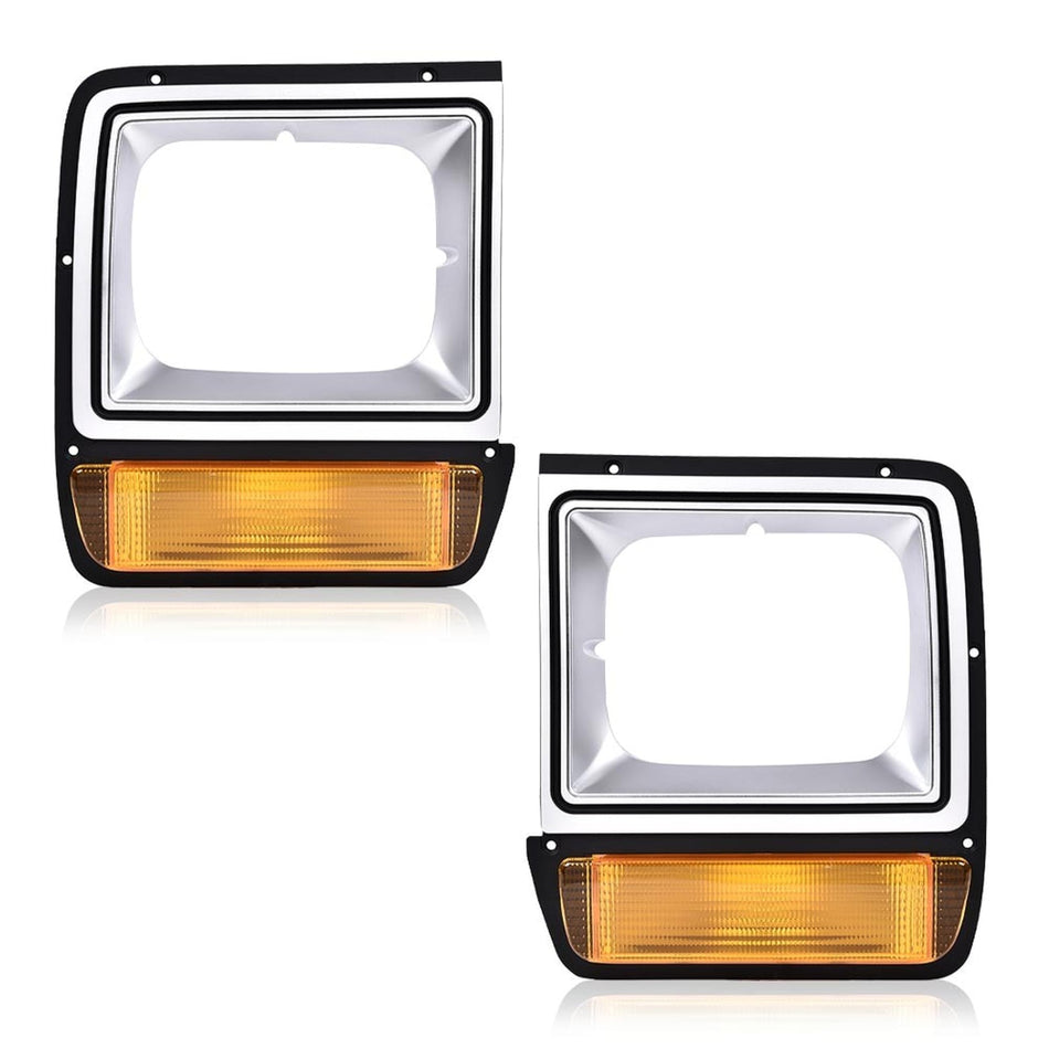 Front Driver & Passenger Side SET OF 2 HeadLight Door Grille Bezel, For 1986-1990 Dodge Ramcharger, Painted Silver/Black, Includes Amber Lens, Text...