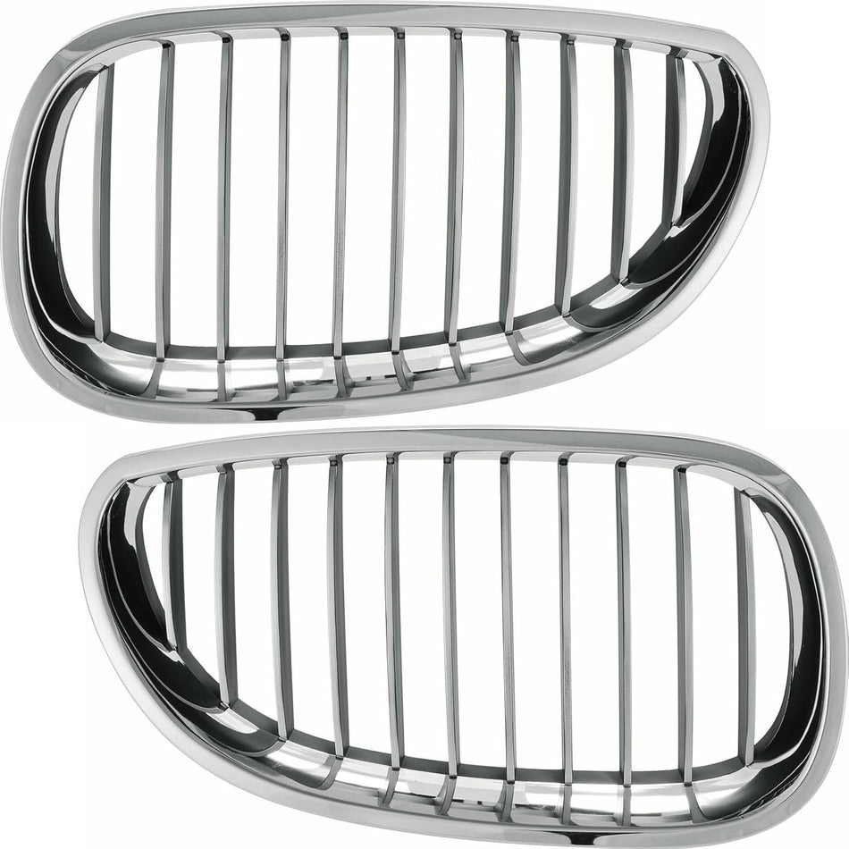 Pair Grille Assembly Fits 2006-2010 BMW 5 Series Front Driver and Passenger Side Black Fins Chrome Frame BM1200140 BM1200141
